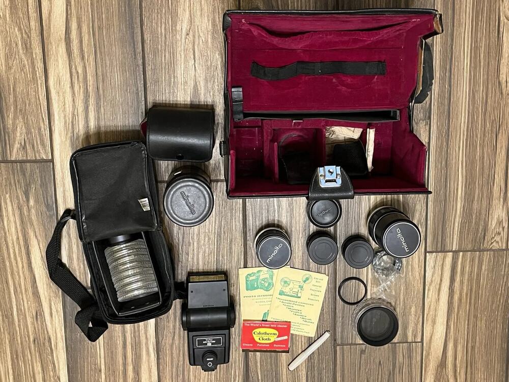 Vintage Minolta Lenses, SRT10 Case, Vivitar Auto Thyristor, Filters Accessories